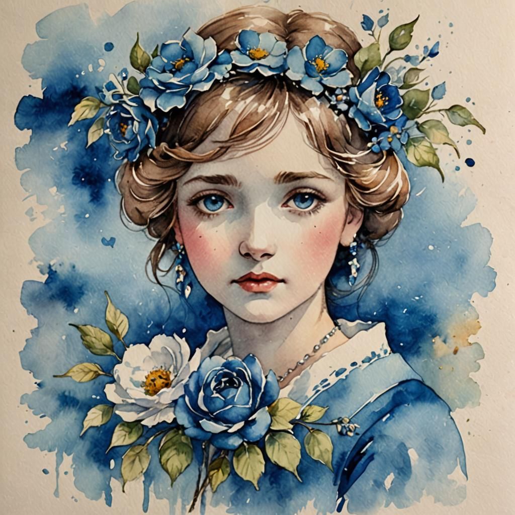 Antique Watercolor in Hues of Blue
