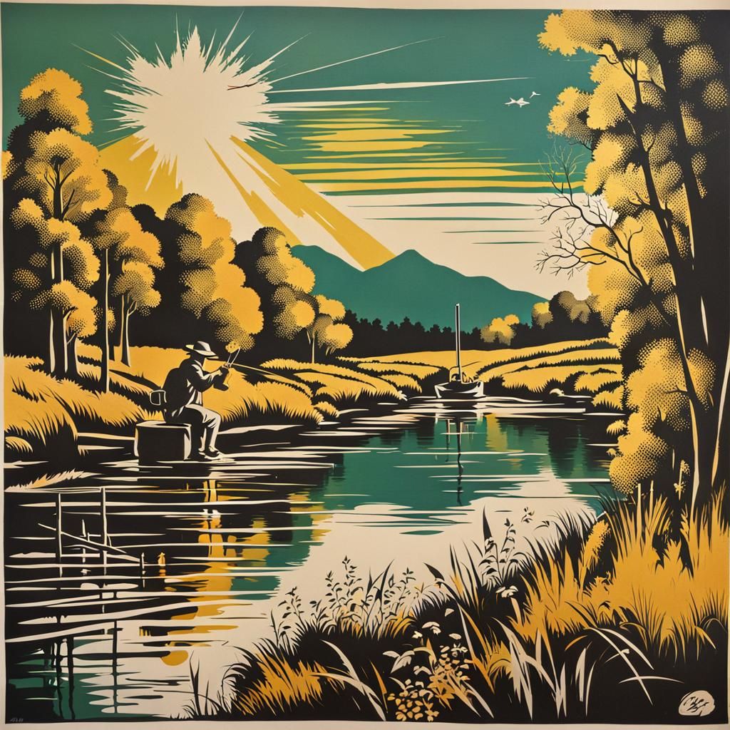 Sunny Nature Hike and Fishing in Art Deco Style
