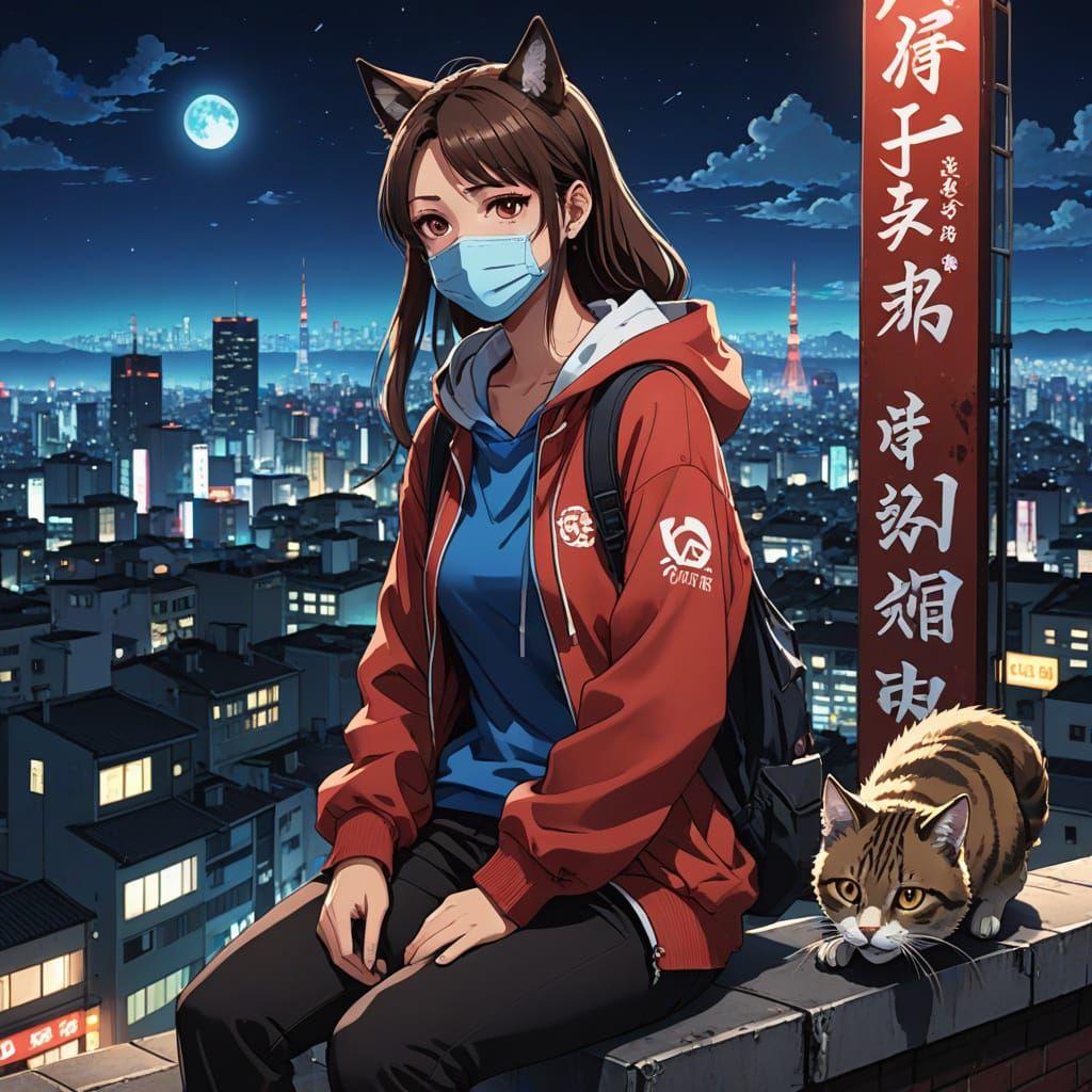 Anime Girl on Building Edge in Manga Style