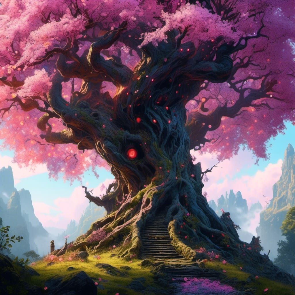 Photorealistic Cross-Stitch of a Walking Tree Monster