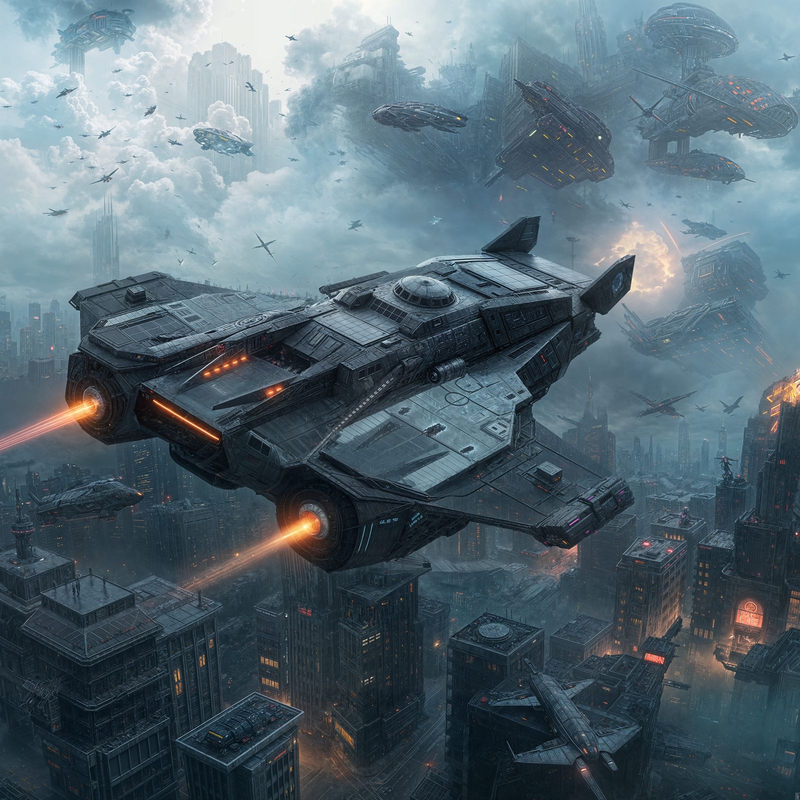 Futuristic Flying Tank in Cyberpunk Dystopian Cityscape