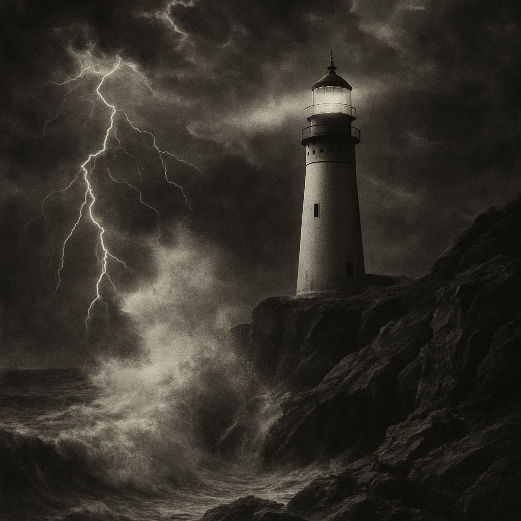Lighthouse in Storm: A Black and White Photograph