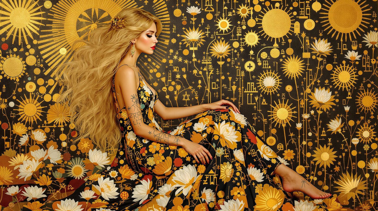 Golden-Haired Woman in Floral Dress with Egyptian Motifs