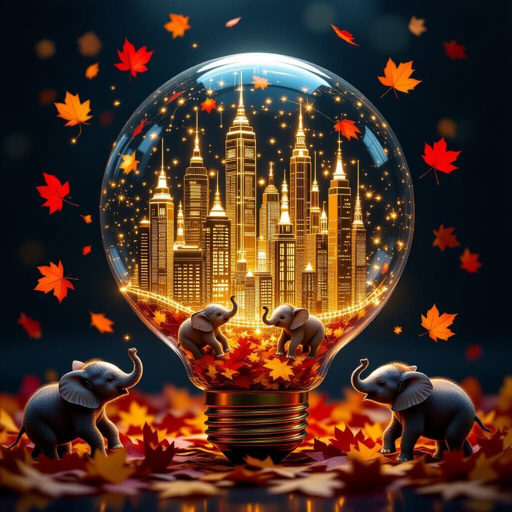 Glowing City in Glass Bulb with Copper Skyscrapers