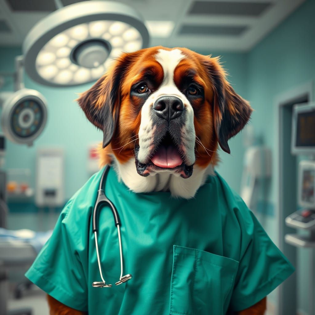 Anthropomorphic St Bernard in Surgical Scrubs Performs Surge...