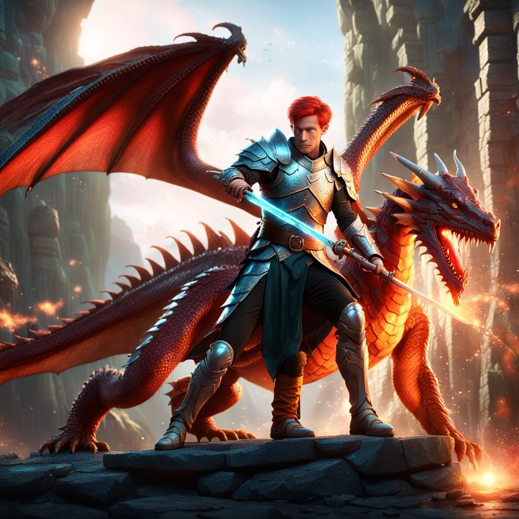 Elf Warrior Fighting Dragon in Fantasy Concept Art