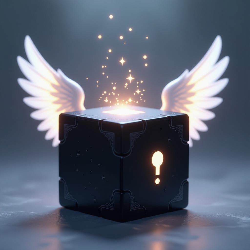 Black Lucky Block with White Wings, Hyperrealistic Fantasy A...