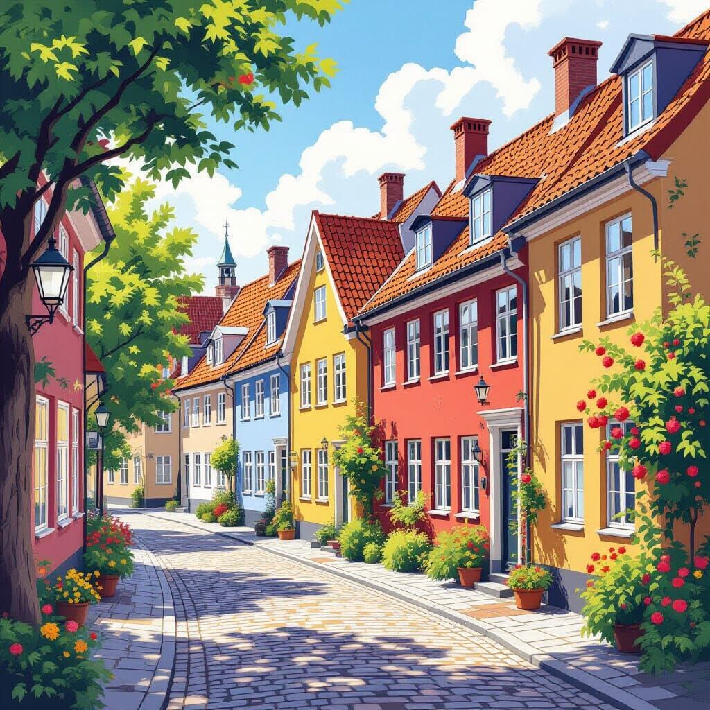 Charming Danish Town Illustration in Sunny, Realistic Style