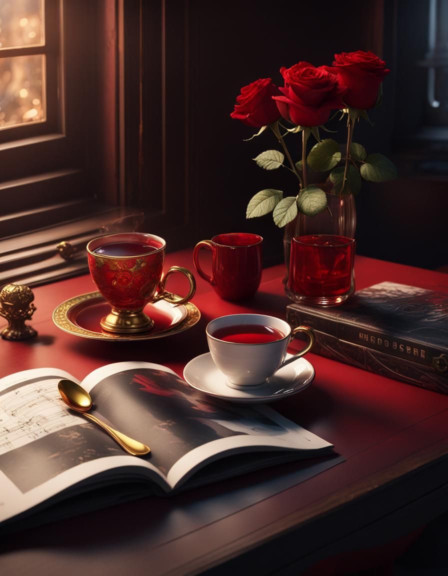 Hot Tea with Rose and Gold Spoon, Matte Painting