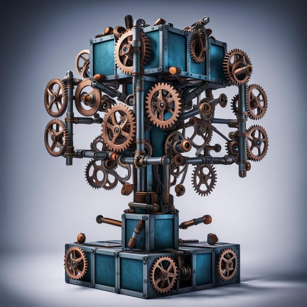 Steampunk Mechanical Tree in Rusty Metal Cube
