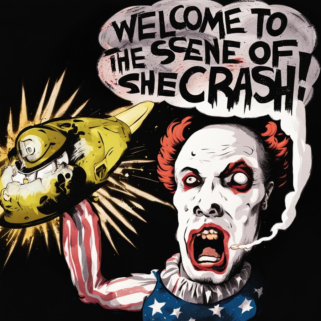 UFO Crash Scene with Screaming Clown in Gothic Style