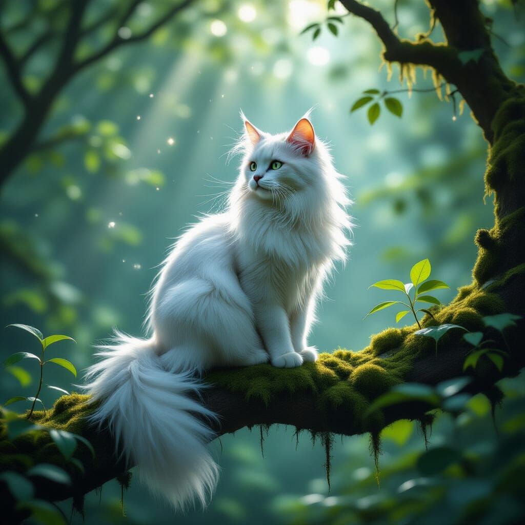Ethereal Moonlight Cat on Mossy Branch in Realistic Forest