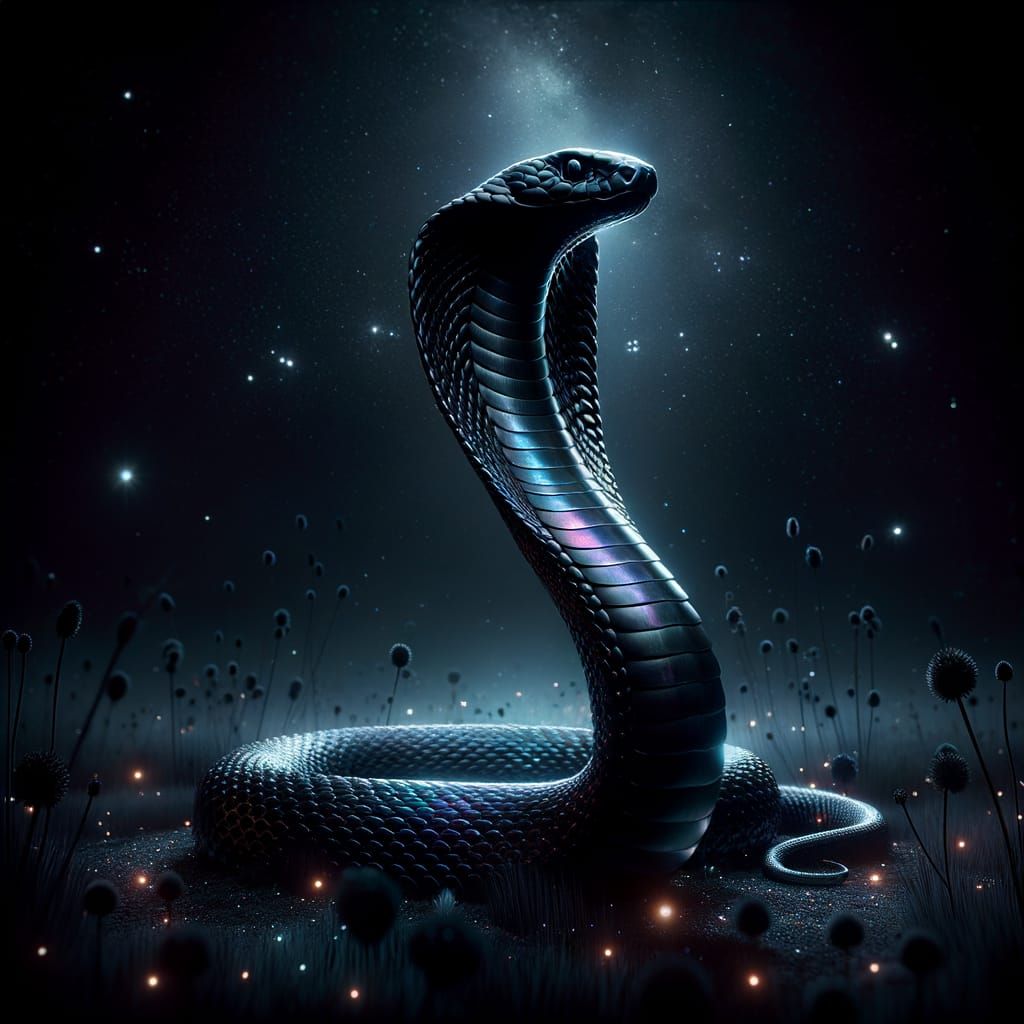 Opalescent Cobra in Dreamlike Night Scene