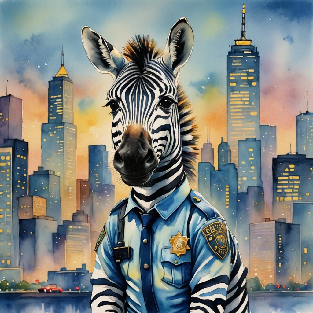 Zebra Police Officer in Watercolor Painting