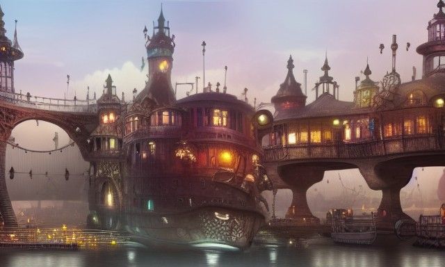 Steampunk Merchant City: Hyperrealistic Fantasy Landscape