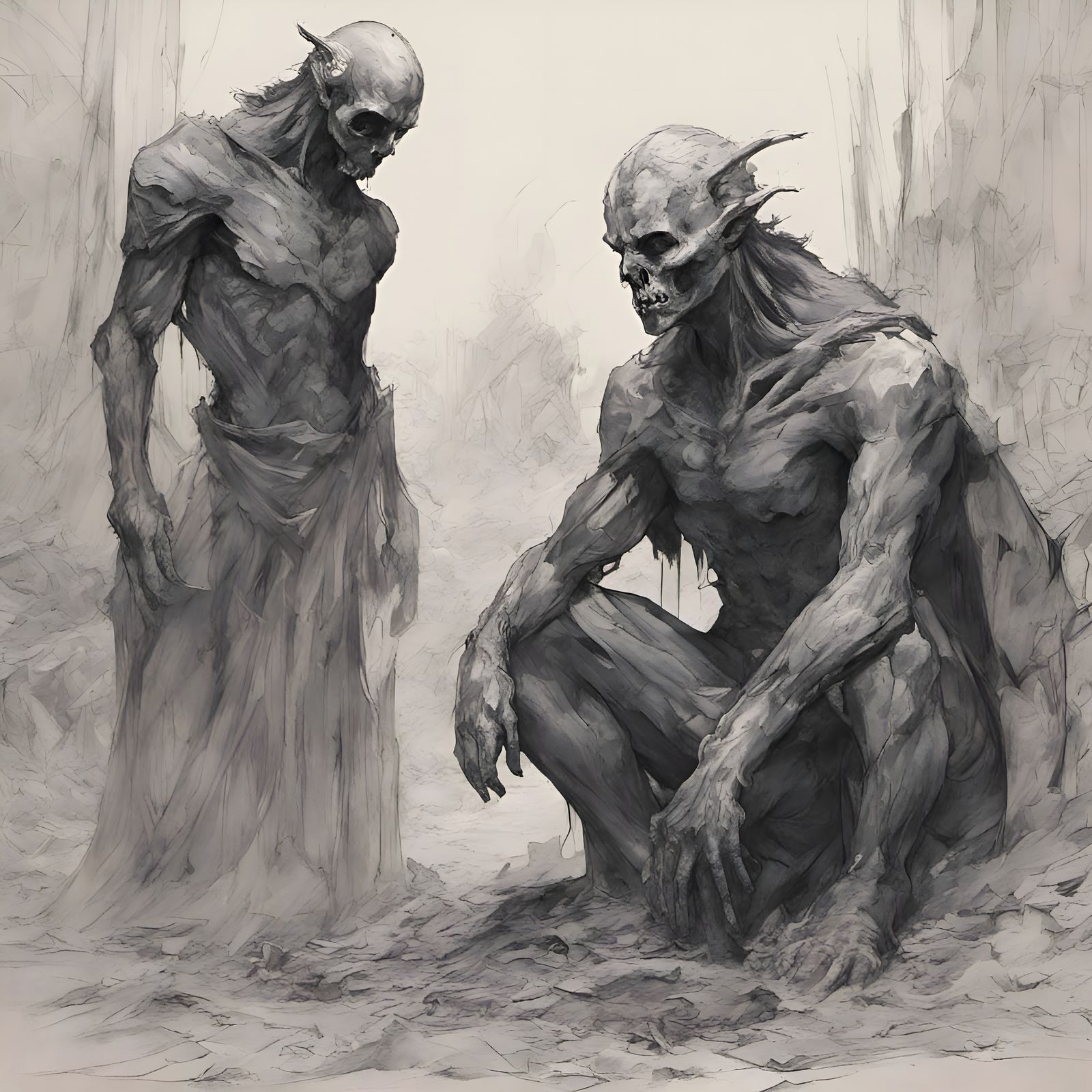 Fallen Angels in Ruined Landscape as Watercolor Painting