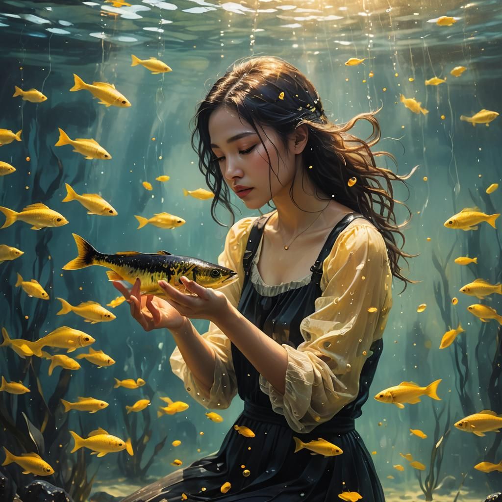 Underwater Serenity: Young Woman and Fish in Mixed Media