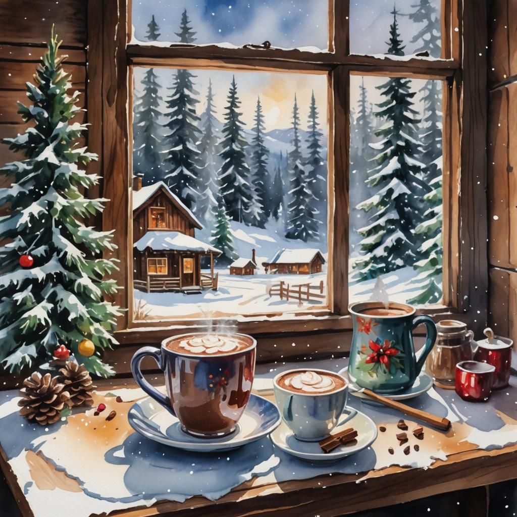 Snow Cabin Hot Chocolate in Gouache Watercolor Style