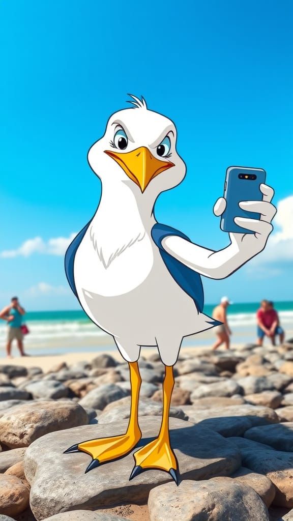 Cartoon Seagull Taking a Selfie on the Beach