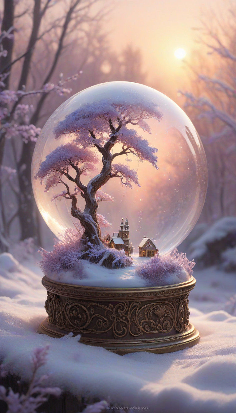Ethereal Flame Being in a Whimsical Snow Globe Sunset