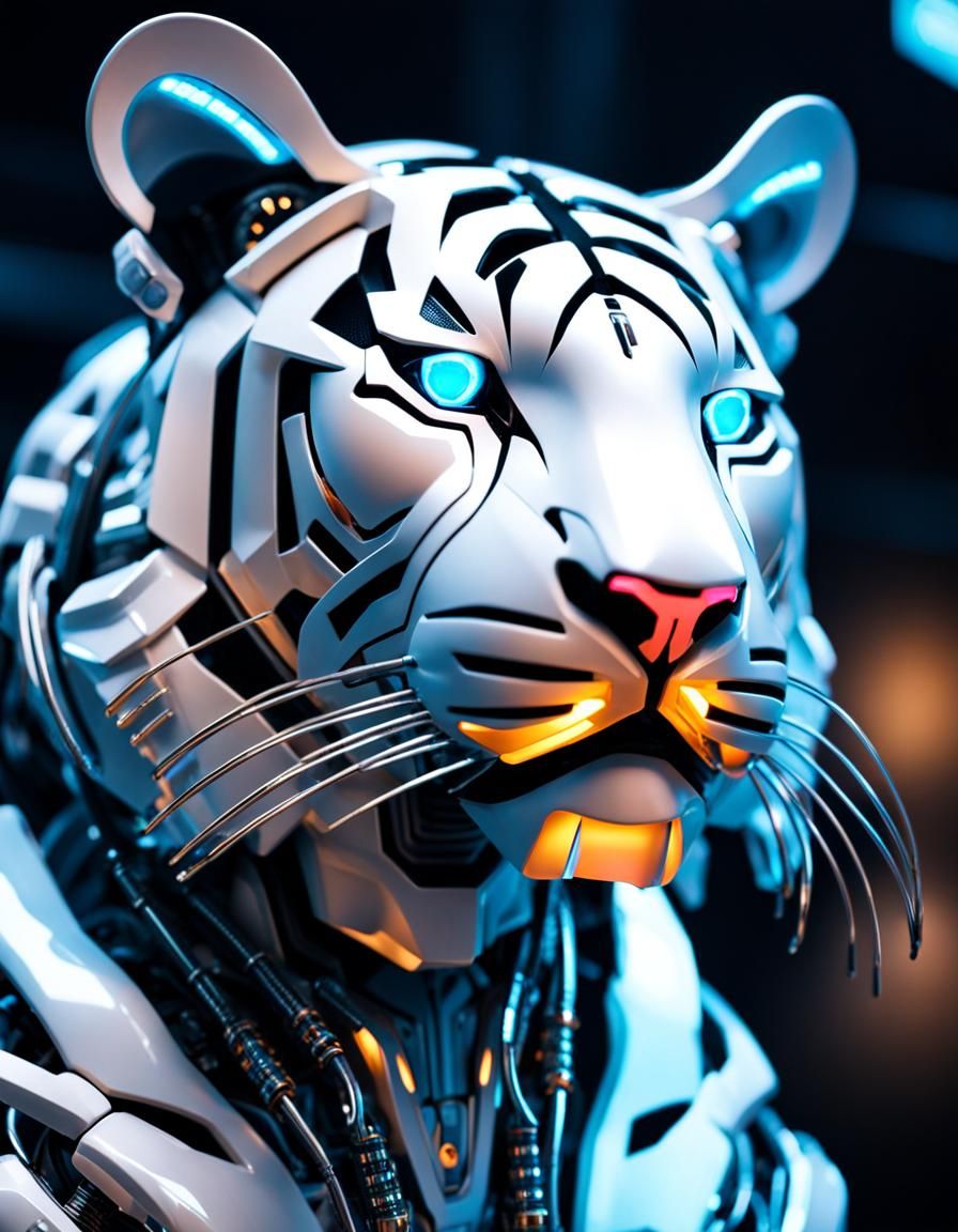 Android Tiger with Neon Lights and Cybernetic Armor