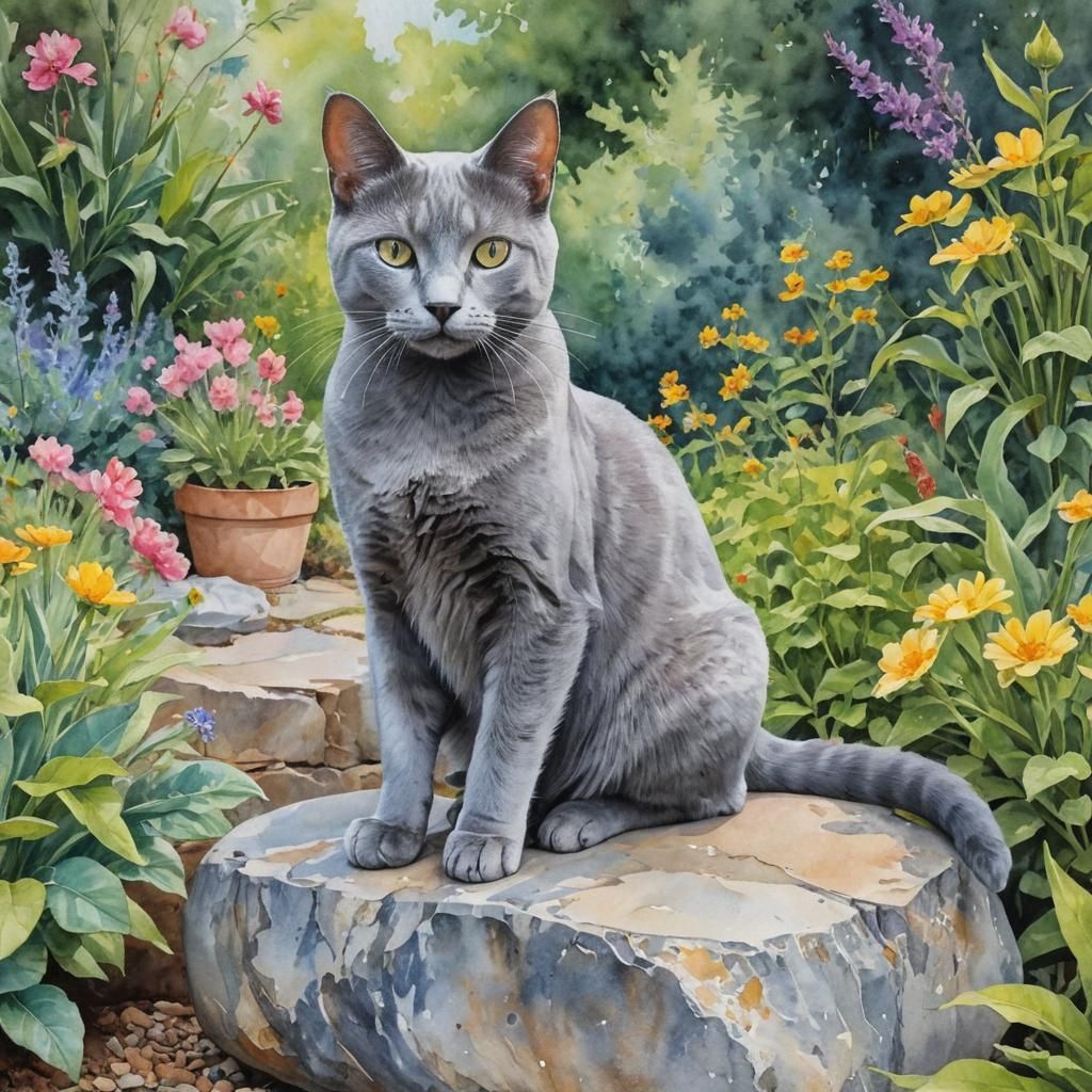 Grey Cat in Garden: Watercolor Painting
