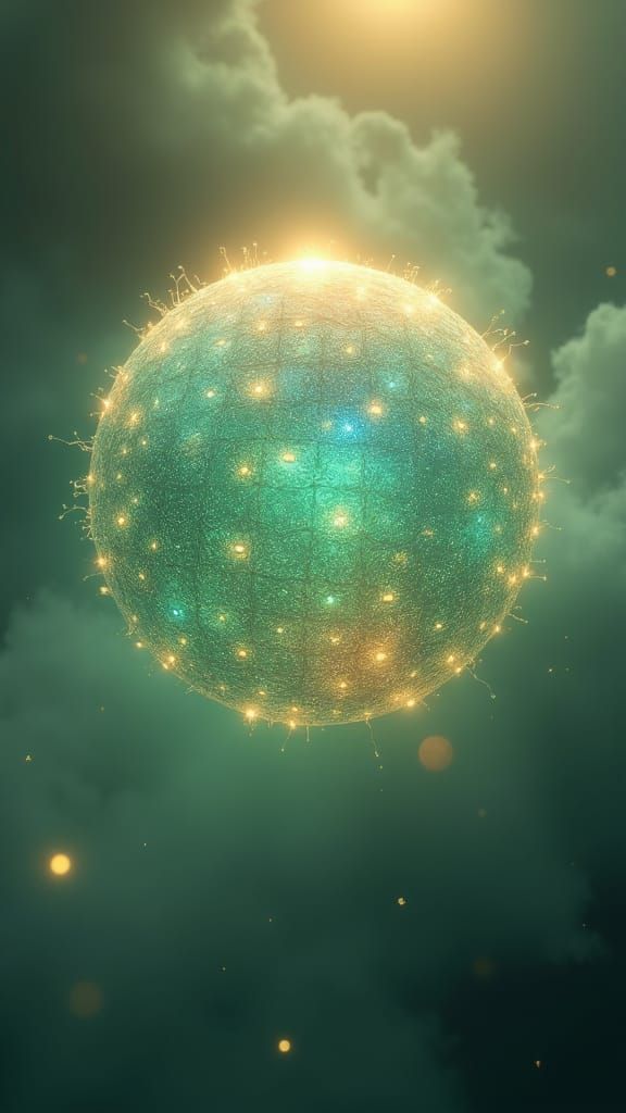 Iridescent Sphere with Gemstone Eyes in Emerald Mist