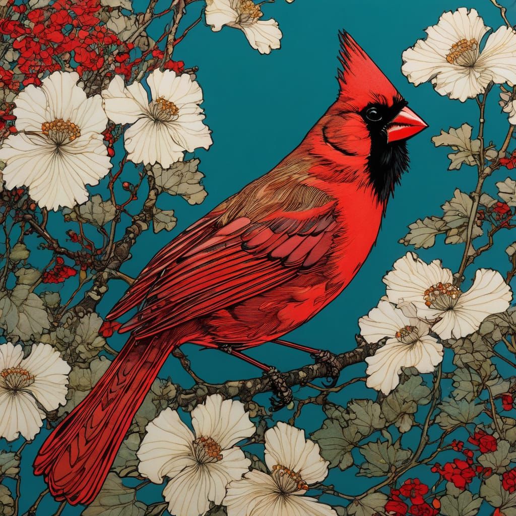 Intricately Drawn Cardinal in Whimsical Artistic Style