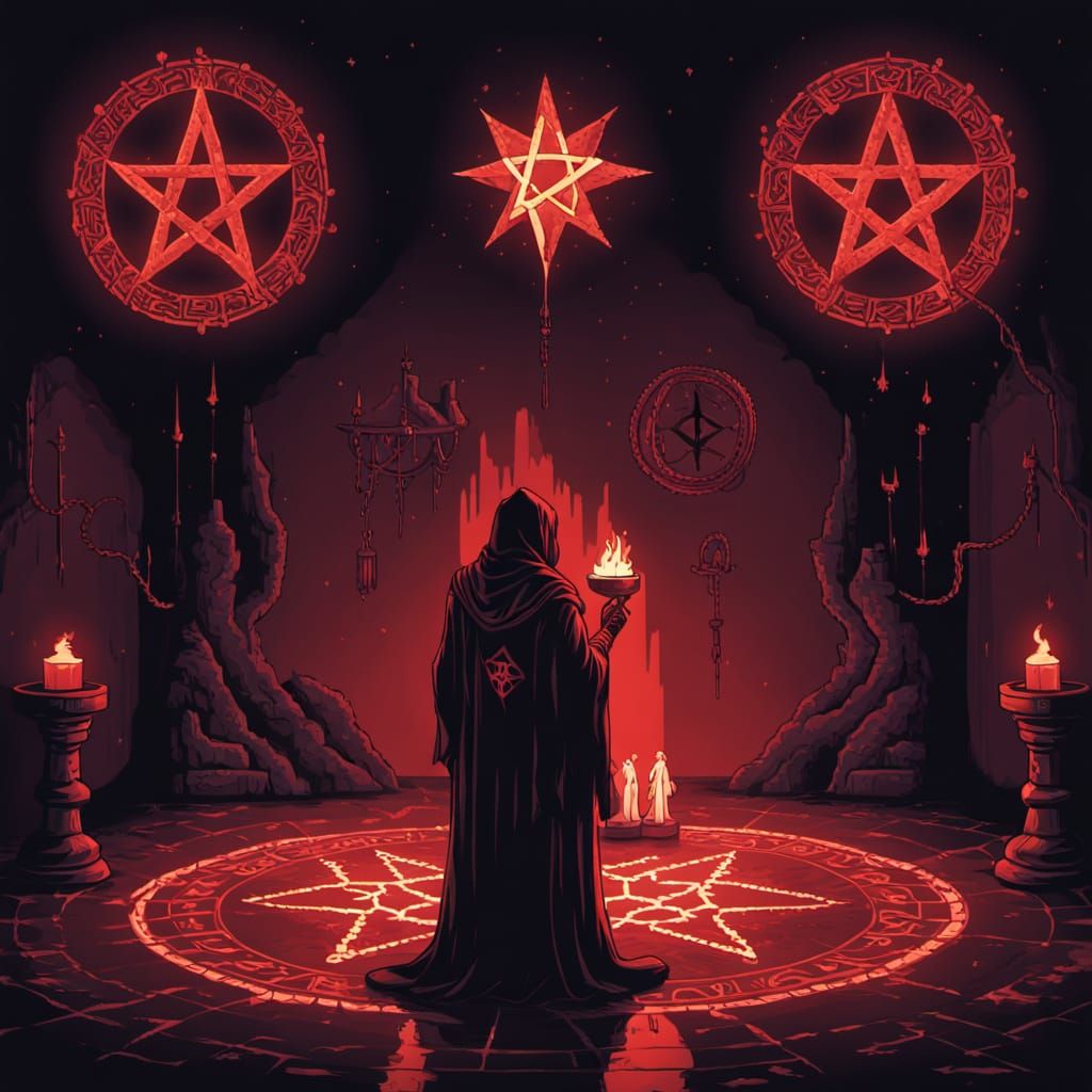 Pixel Art Cultist Blood Ritual with Glowing Pentagram