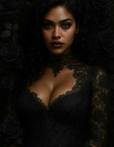 Gothic Goddess in Black Lace with Roses