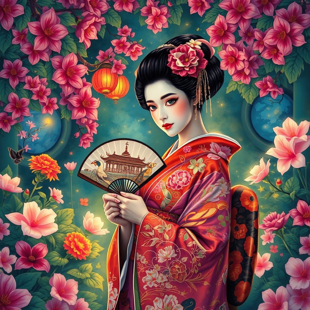 Geisha in Ethereal Garden: Murakami and Gurney Style