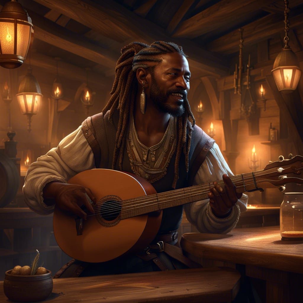 Dark Fantasy Bard Singing in Tavern, Hyperdetailed Art