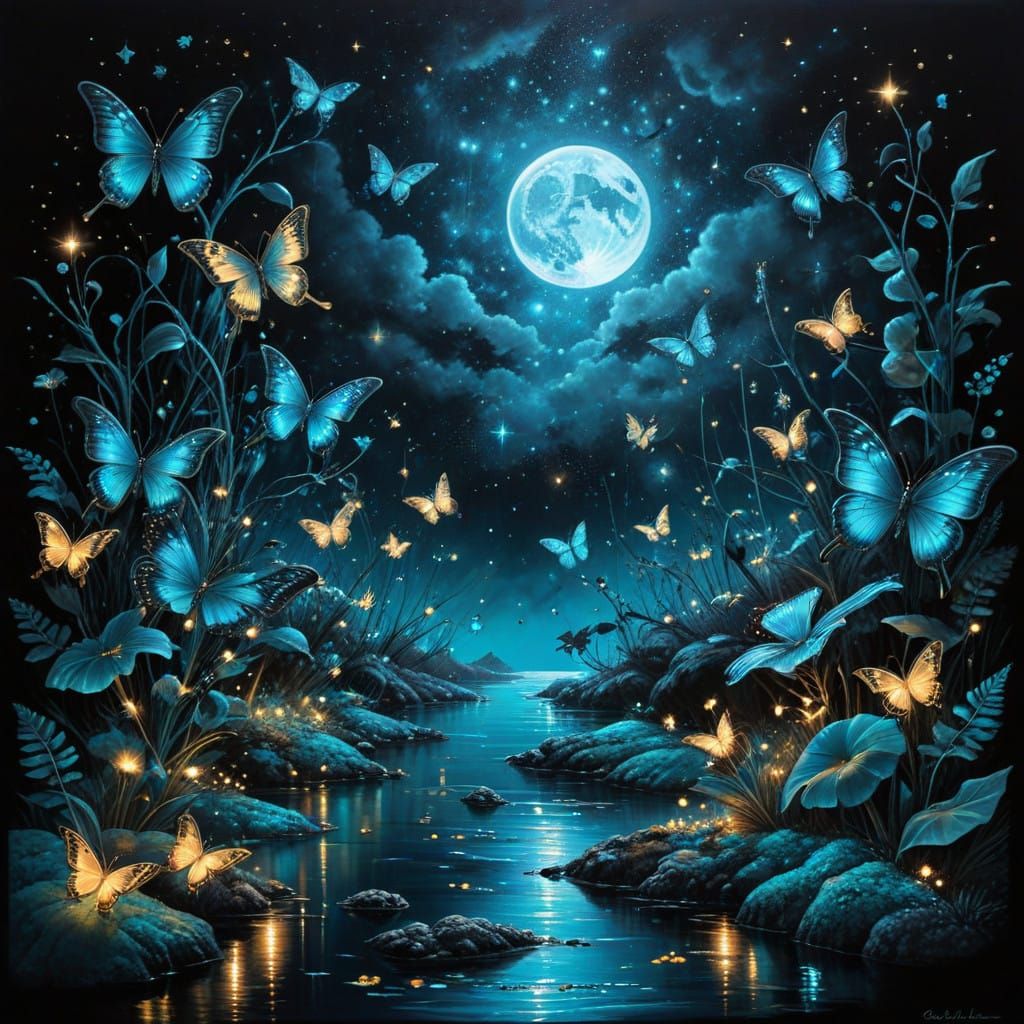 Stunning Bioluminescent Lagoon Under Starry Night