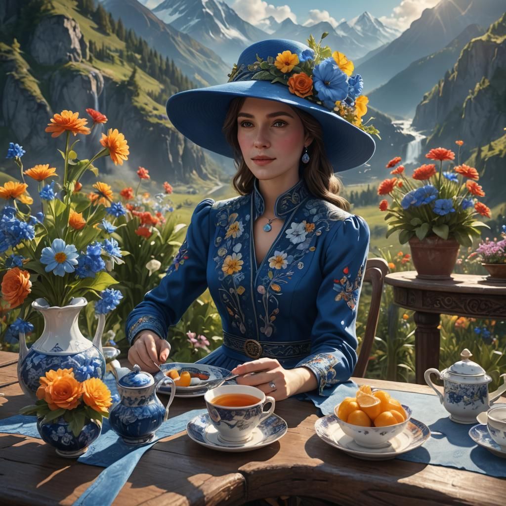 Woman in Blue Hat Having Tea, Digital Painting