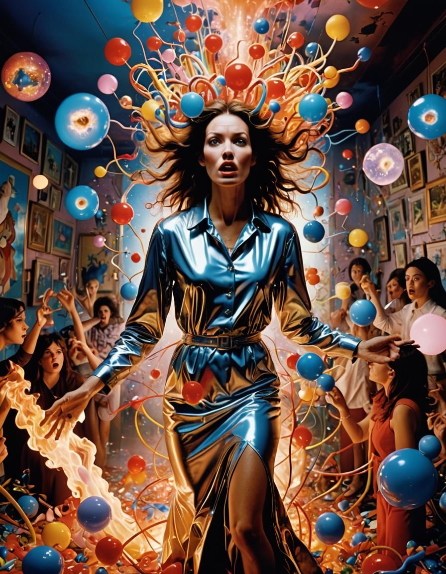 Perplexed Woman in Surreal, Synchronized Chaos