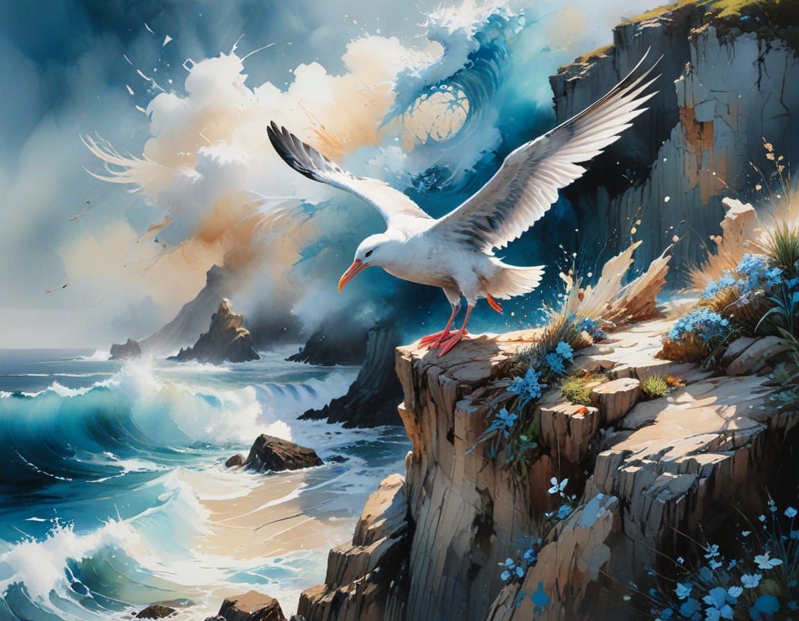Albatross Soaring Above Windswept Coastal Cliff