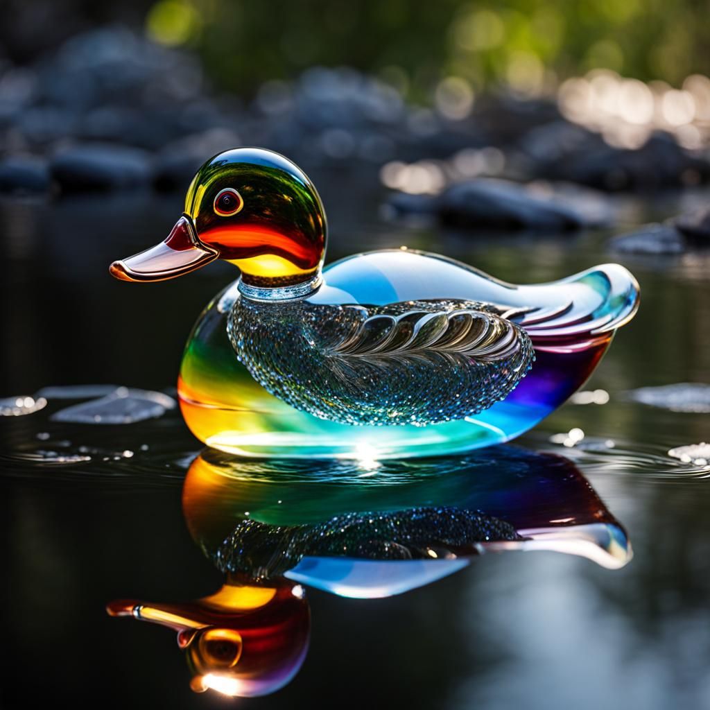 Rainbow Glass Duck Swimming in Crystal Lake