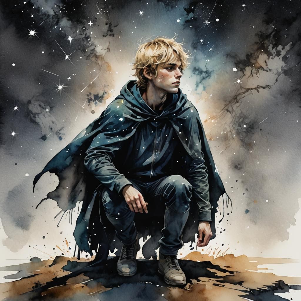 Celestial Silhouette: Boy Under a Starry Night Sky