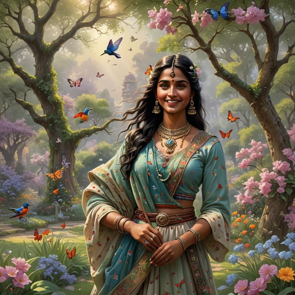 Young Rajasthani Woman in Spring Garden: 3D Render