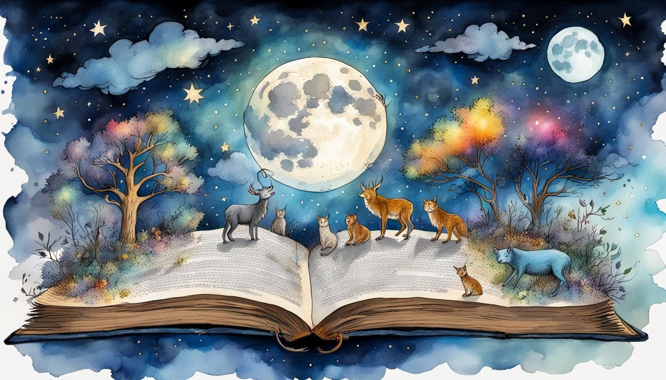 Magical Animals Under a Watercolor Moonlit Sky