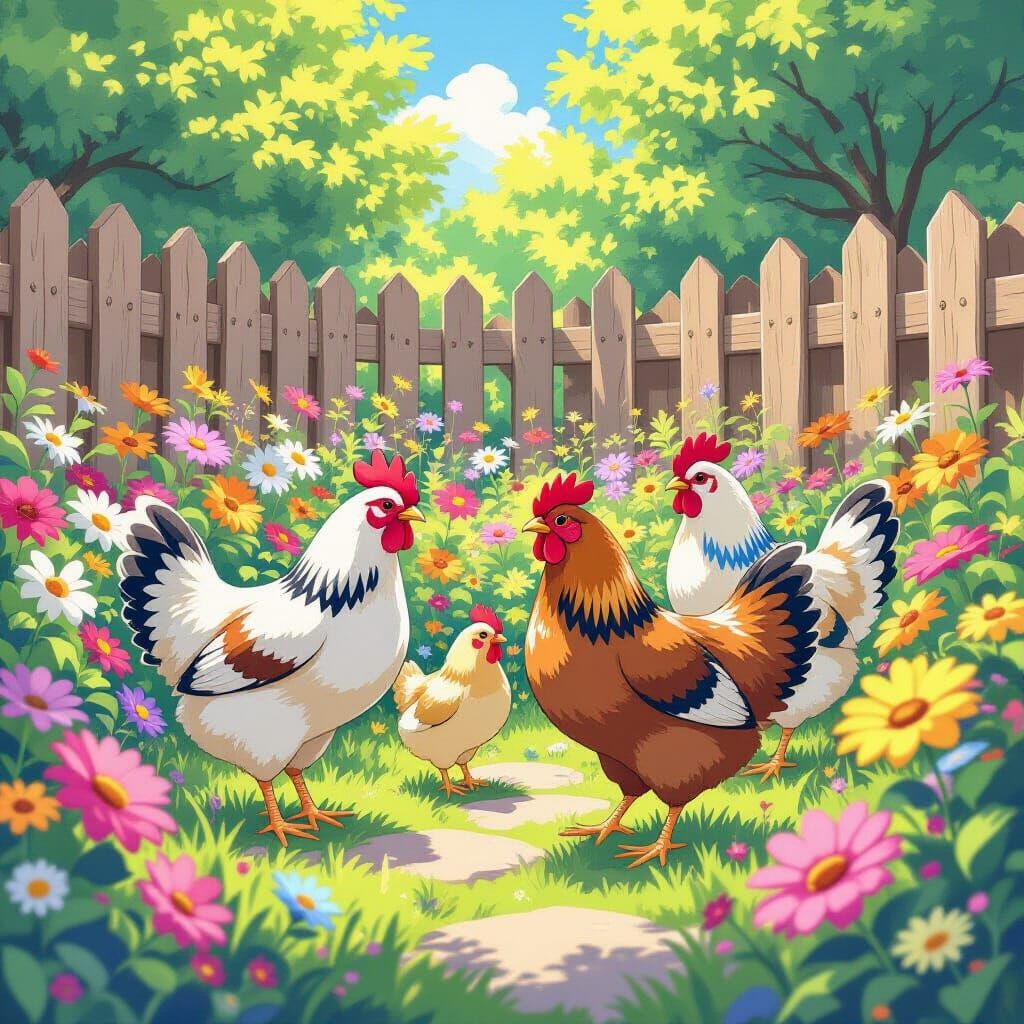 Anime Chickens in a Vibrant Flower Garden