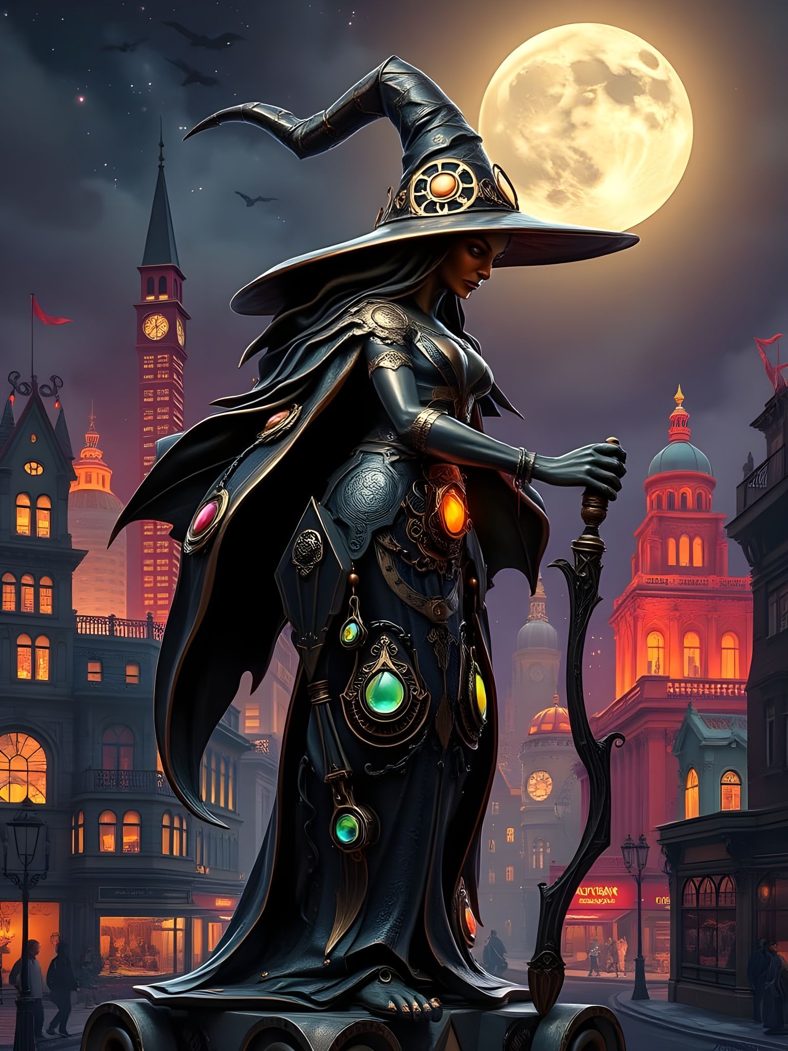 Steampunk Witch Statue in Whimsigoth Style