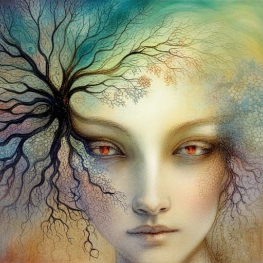 Surreal Eye Reflecting Branch Silhouettes in Gouache Style