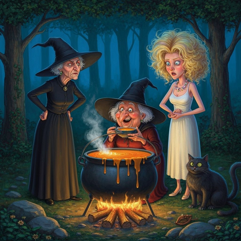 Discworld Witches Meeting by Cauldron in Forest