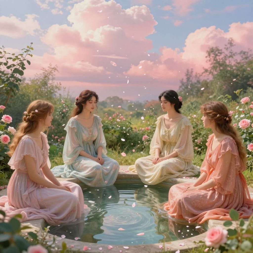 Four Women in Ethereal Garden Setting with Rose Petals