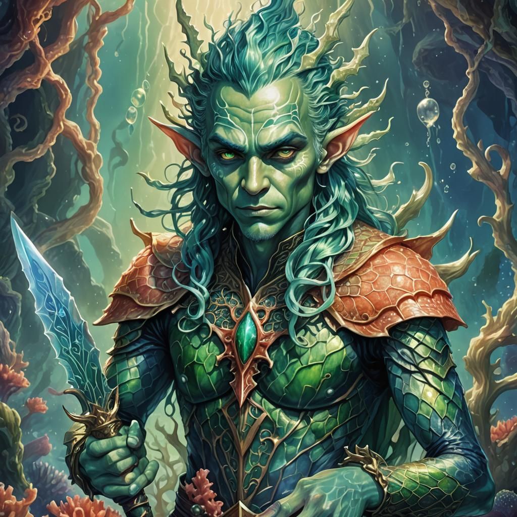Majestic Sea Elf with Coral Dagger in Ethereal Glow