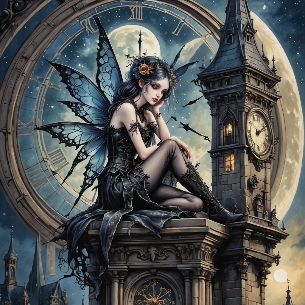Gothic Fairy on Clock Tower in Moonlight