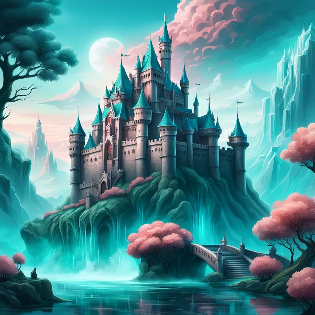 Teal and Rose Castle with Water Monster