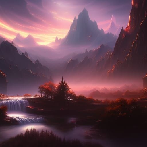 Luminous Waterfall in Dreamlike 3D Landscape