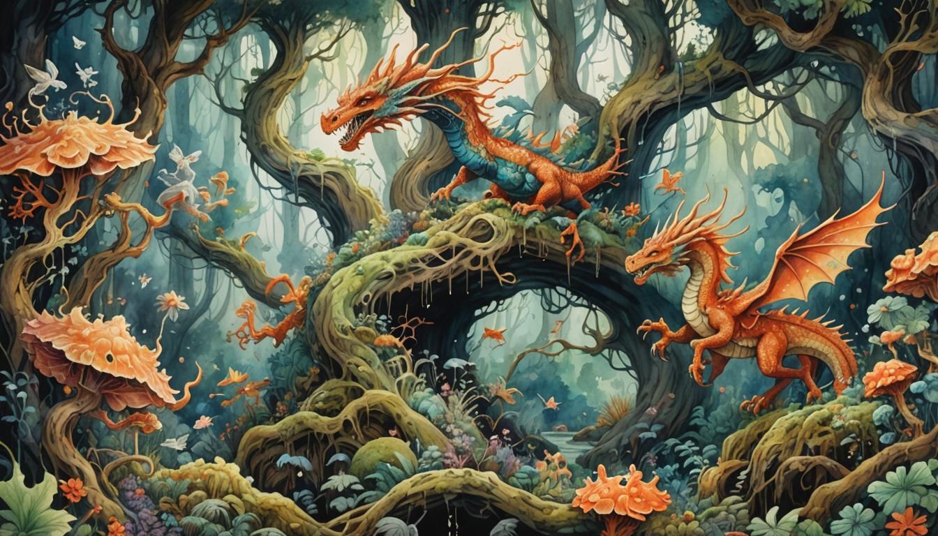Mythical Creatures Dancing in a Watercolor Forest